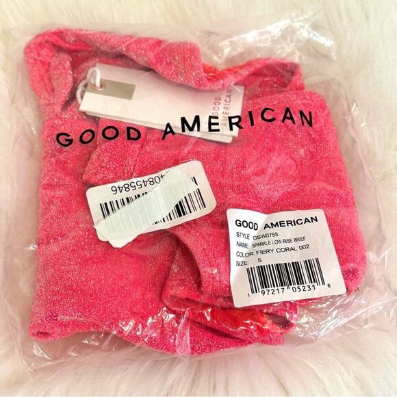 NWT 5 (2XL) Good American Fiery Coral Sparkle Low Rise Bikini Bottoms Briefs - Picture 9 of 9